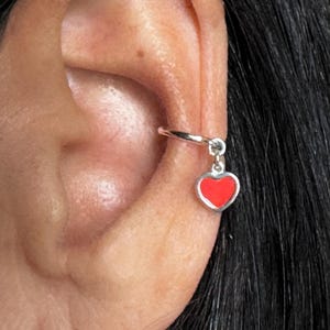Red heart cuff earrings - no piercing - heart dangle ear cuff  - wrap earrings - valentines gift