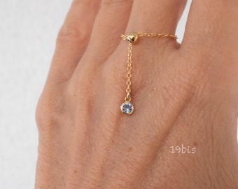 Dangle birthstone ring  - adjustable chain  ring -  tiny birthstone charm  -  drop zirconia ring