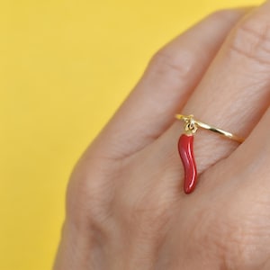 Red Italian Horn Ring: Sterling Silver Cornicello Charm