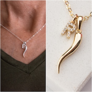 Italian horn  necklace with  initial - cornicello - Italian horn with CZ inicial necklace - protection necklace - talisman  - mothers gift