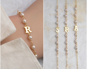 Initial bracelet with Swarovski pearls  - wedding jewelry - bridesmaid bracelets - bridal party accessories