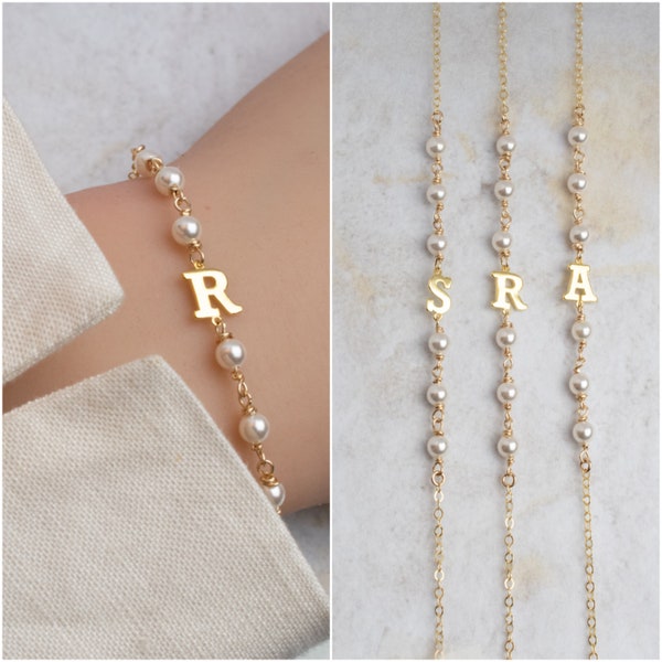 Initial bracelet with Swarovski pearls  - wedding jewelry - bridesmaid bracelets - bridal party accessories