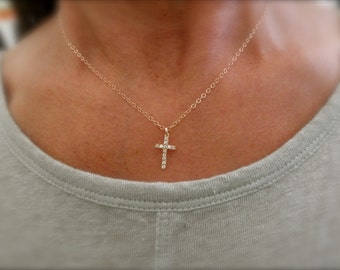 CZ  cross necklace with 14K goldfilled chain - pave cross pendant - cz gold cross - cz rose gold pendant