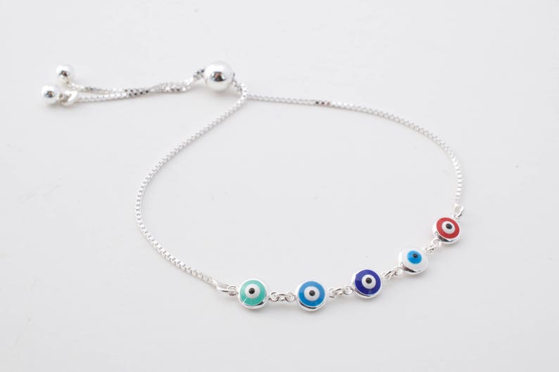 Multi color evil eye bracelet - 925 sterling silver - adjustable eye bracelet - tiny evil eye bracelet - mini evil eye - image 2