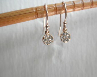 Rose gold  CZ  disc dangle earrings - 14K rose gold-filled earwires - tiny zirconia earrings - tiny cz dangle earrings