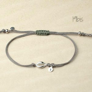 Sterling Silver Cowrie Shell Initial Bracelet - Adjustable Silk Cord