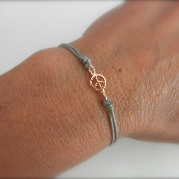 Rose gold peace sign cord bracelet - adjustable peace sign bracelet - peace symbol - string bracelet -