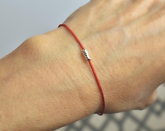 Mini silver anchovy red string bracelet - Minimalist adjustable beach bracelet - Gift for fish lovers