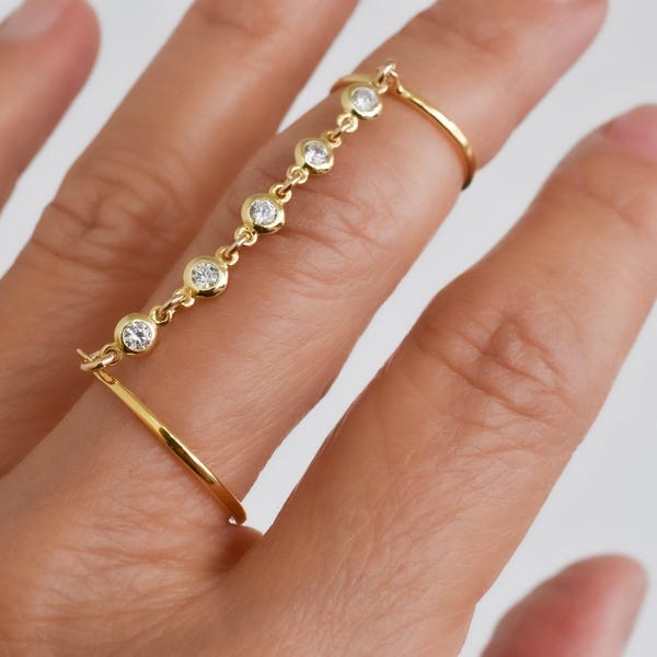 Zirconia crystals chain  Double slave Ring with - silver gold
