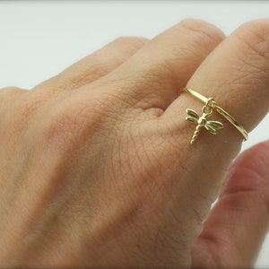 Dragonfly dangle ring   - tiny dragonfly - silver dragonfly - gold dragonfly - insect ring