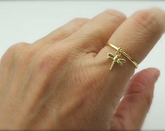 Dragonfly dangle ring   - tiny dragonfly - silver dragonfly - gold dragonfly - insect ring