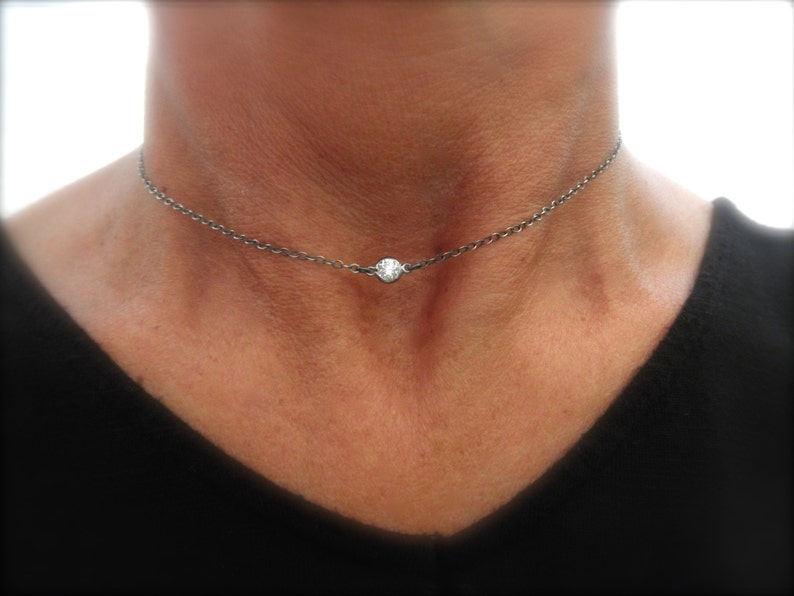 Solitaire CZ oxidized choker sterling silver