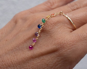 Rainbow ring - Zirconia tassel  ring   - statement cz chain ring -  gold zircon dangles ring