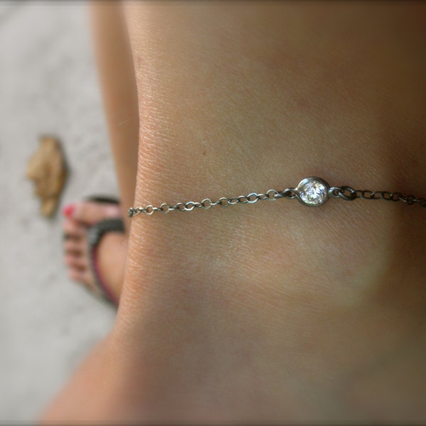 Solitaire CZ oxidized ankle bracelet sterling silver