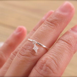 Diamond shape dangle ring   - tiny charm dangle ring - pave diamond shape - silver - gold - rose gold - gift for her  - Christmas