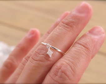 Diamond shape dangle ring   - tiny charm dangle ring - pave diamond shape - silver - gold - rose gold - gift for her  - Christmas