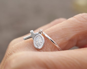 Virgin Mary cross ring  - dangle ring - tiny cross - religious ring - tiny dangles  - catholic jewelry -