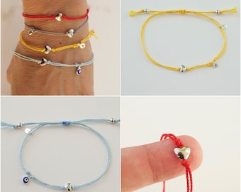 Puffed heart bracelet  - silk cord bracelet - customized bracelet - personalized jewelry - 925 sterling silver - valentines gift