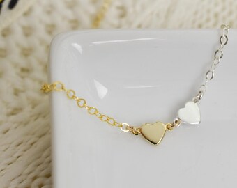 Double heart Two Tone Necklace Silver Gold Valentines gift