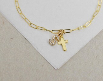 Paper clip pave initial and cross bracelet - religious personalized jewelry