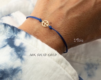 14K Peace bracelet - peace symbol - 14K solid yellow gold  - peace jewelry - silk cord bracelet - adjustable bracelet -