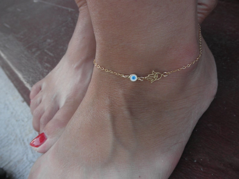 Gold hamsa hand anklet and evil eye anklet 14K gold-filled chain hand of fatima anklet hamsa ankle bracelet image 1