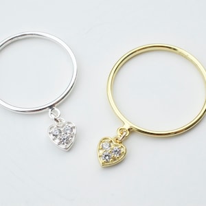 CZ heart dangle ring   - tiny heart charm - tiny heart  dangle - love ring - valentines ring