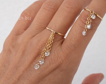 Zirconia tassel dangle ring   - statement cz chain ring -  gold zircon dangles ring