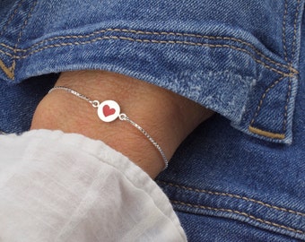 Red heart bracelet  - adjustable bracelet - 925 sterling silver -  red enamel heart - Valentines gift