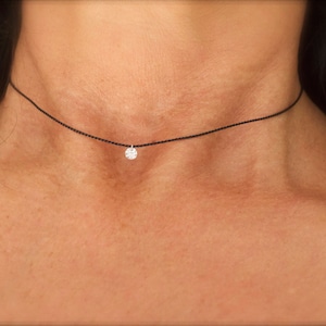 Solitaire cz choker - mini cz pendant -  teeny tiny diamond - silk cord choker - solitaire necklace -