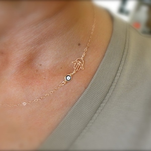 roségouden hamsa ketting - hamsa en boze oog ketting - rosé goud blauw boze oog - hand van Fatima ketting - bescherming