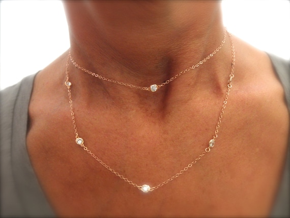 Station CZ necklace 14K zircon charms cz rose CZ gold station silver CZ necklace