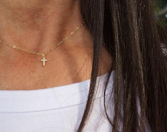 Tiny cross necklace - CZ cross pendant - mini pave cross charm - zirconia cross necklace - silver cross - gold cross - rose gold cross