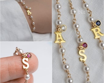 Initial birthstone bracelet with Swarovski pearls  - wedding jewelry - bridesmaid bracelets - bridal party accessories - personalized