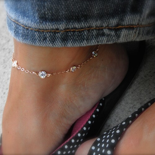 Station Anklet Multi CZ Rose Gold Charms Anklet Rose Gold Etsy