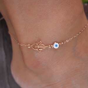 Rose gold Hamsa hand  evil eye anklet - 14K rose goldfilled  chain - protection anklet - hand of Fatima