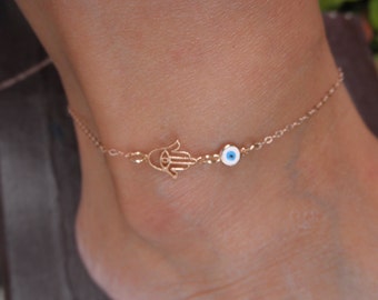 Rose gold Hamsa hand  evil eye anklet - 14K rose goldfilled  chain - protection anklet - hand of Fatima