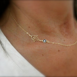 Gold hamsa hand and blue evil eye necklace 14k gold-filled chain hand of fatima filigree hamsa hand image 3