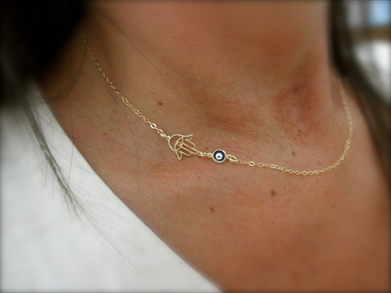 Gold hamsa hand and blue evil eye necklace 14k gold-filled chain hand of fatima filigree hamsa hand image 3