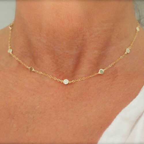 Mini Disc and CZ Disc Station Necklace - Multi Disc - Gold Disc Necklace -Silver Coin Necklace - Chain Necklace - Teeny Tiny Discs - Dainty