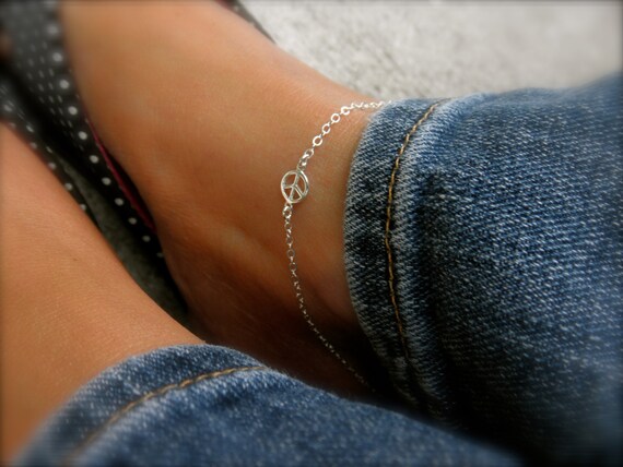 Sterling Silver Peace Sign Beaded Stretch Bracelet - Handmade Elastic Bangle - View #3