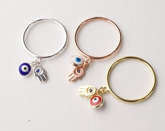 Hamsa evil eye ring  - dangles ring - tiny hamsa - protection amulet - tiny charms dangles