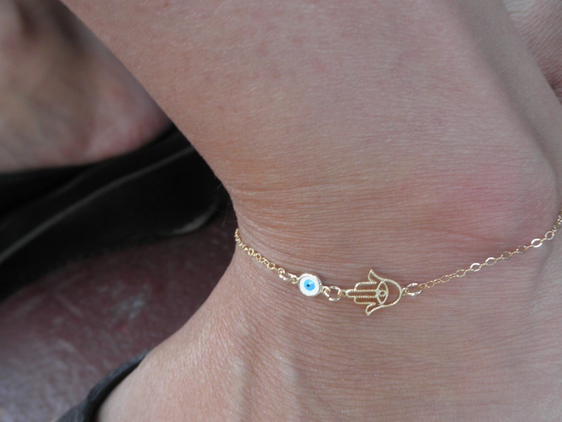 Gold hamsa hand anklet and evil eye anklet 14K gold-filled chain hand of fatima anklet hamsa ankle bracelet image 3