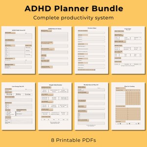May include: An ADHD planner bundle with eight printable PDFs. The pages have a beige background with black text. The top of the image reads "ADHD Planner Bundle" and "Complete productivity system". The bottom of the image reads "8 Printable PDFs".