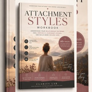 May include: A softcover workbook titled Attachment Styles Workbook with a beige and dark red colour scheme. The cover features a person facing a mountain lake at sunset, with text detailing relationship patterns, healing, and 60+ pages of exercises.