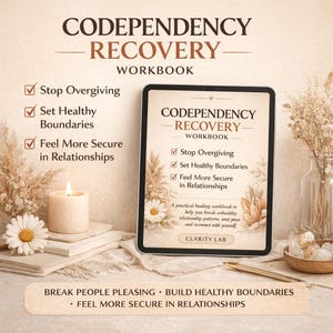 Puede incluir: Un cuaderno de trabajo digital titulado "Codependencia Recuperación" en una tableta, con texto que incluye "Dejar de dar demasiado" y "Establecer límites saludables". Una vela encendida, libros y elementos decorativos están dispuestos alrededor de la tableta.