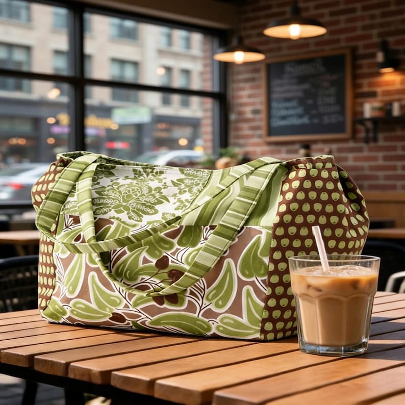 Puede incluir: Un bolso de tela con dise&ntilde;o de patchwork que combina patrones de hojas verdes y marrones, una secci&oacute;n floral blanca y un panel lateral marr&oacute;n con peque&ntilde;os puntos verdes. El bolso tiene dos asas de tela a juego y descansa sobre una mesa de madera.