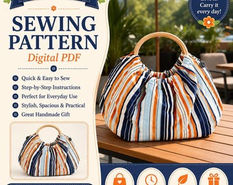 Easy Sew Purse Sewing Pattern PDF, Fat Quarter Quilted Clutch Bag, Round Handle Handbag Tutorial, DIY Fabric Purse
