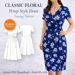 Patron de couture pour robe portefeuille fleurie classique | Téléchargement PDF adapté aux débutants