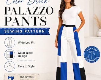Color Block Palazzo Pants Sewing Pattern PDF, Wide Leg Trousers Pattern, High Waist Pants Instant Download